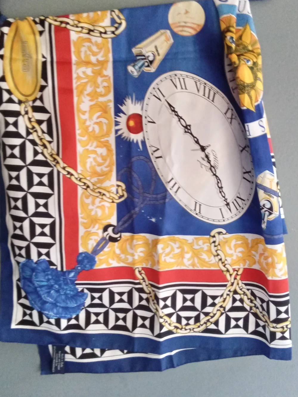 Vintage Jafra Cosmetics Italy Silk Scarf Blue Red Gold Nautical Clock Tassel